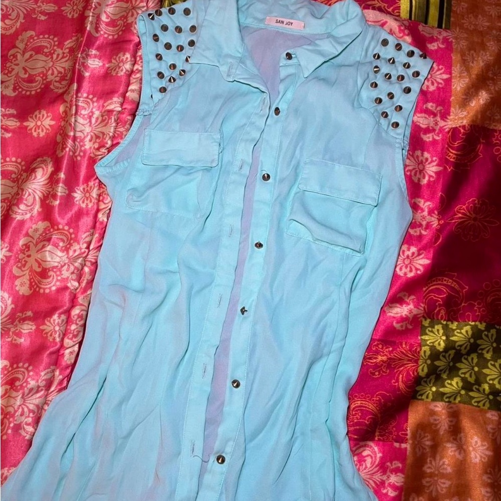 teal studded sheer top